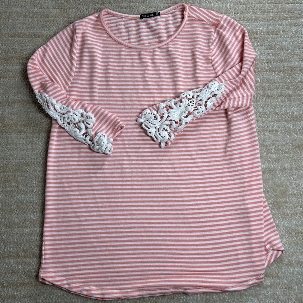 Pink Clover Womens Blouse Shirt M Pink White Stripe Lace Sleeve Detail
